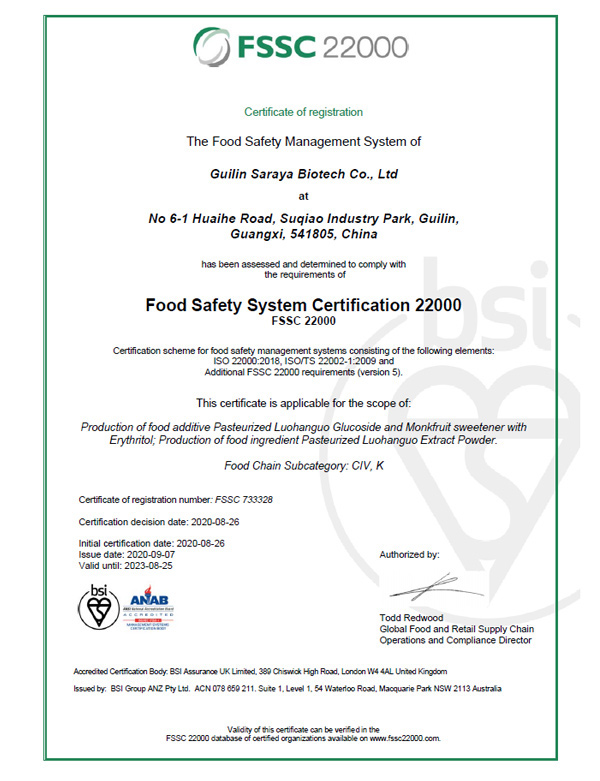 Guilin Saraya Biotech 's FSSC22000 certification.